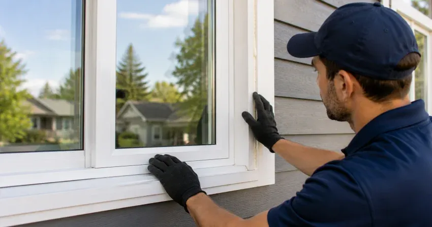 technician comparing full-frame and retrofit window replacement options in Bloomington, Whitchurch-Stouffville