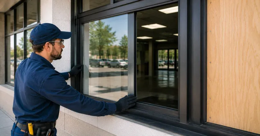 technician boarding a broken window after a break-in in Whitchurch-Stouffville