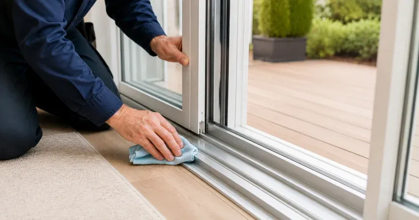technician inspecting a sliding patio door track in Bloomington, Whitchurch-Stouffville