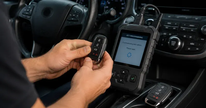 technician inspecting a worn car key before replacement in Whitchurch-Stouffville