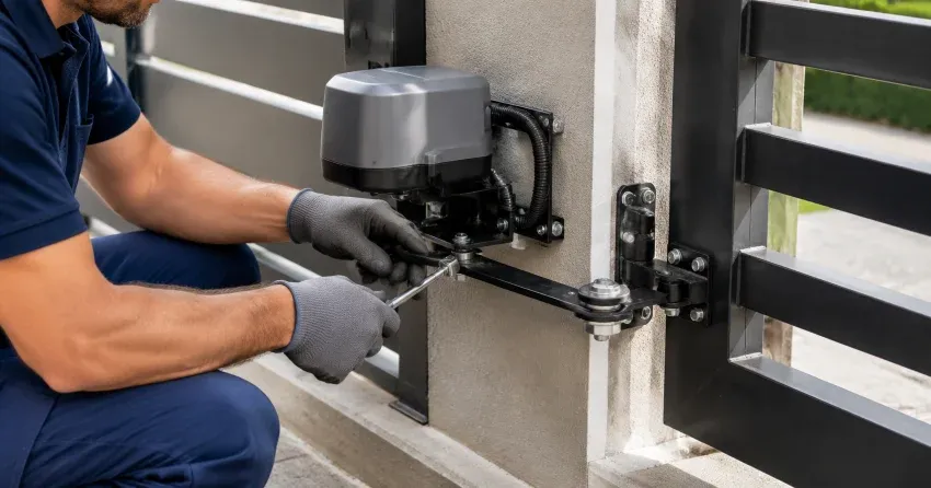 technician diagnosing automatic gate motor and control panel in Bloomington, Whitchurch-Stouffville