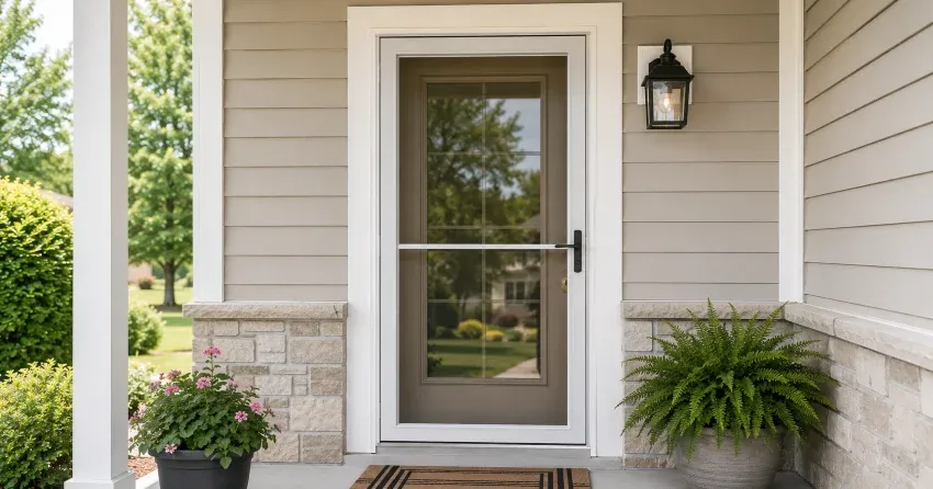 technician hanging storm door square and plumb in Pleasantville, Whitchurch-Stouffville