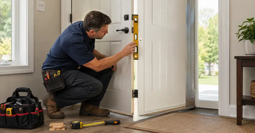 technician diagnosing a misaligned door frame in Wesley Corners, Whitchurch-Stouffville