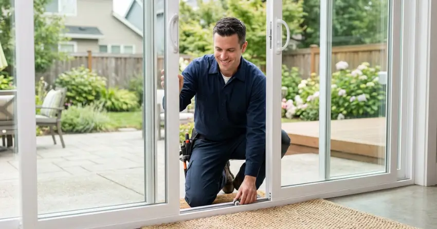 technician diagnosing a sticking patio door in Bloomington, Whitchurch-Stouffville