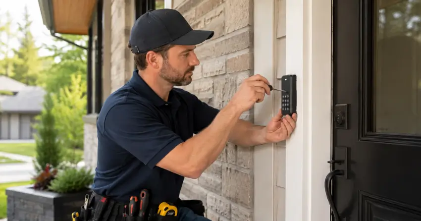 Technician installing an access control system keypad beside a residential front door in Whitchurch-Stouffville