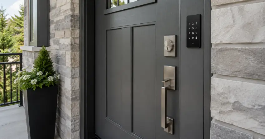 High-security door hardware and access control keypad installed on a residential entry door in Whitchurch-Stouffville