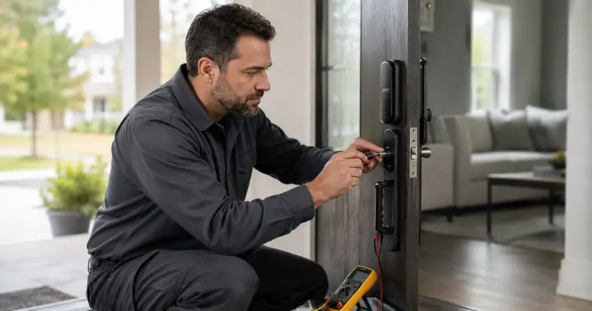 technician diagnosing automatic door lock mechanism on residential door in Bloomington, Whitchurch-Stouffville