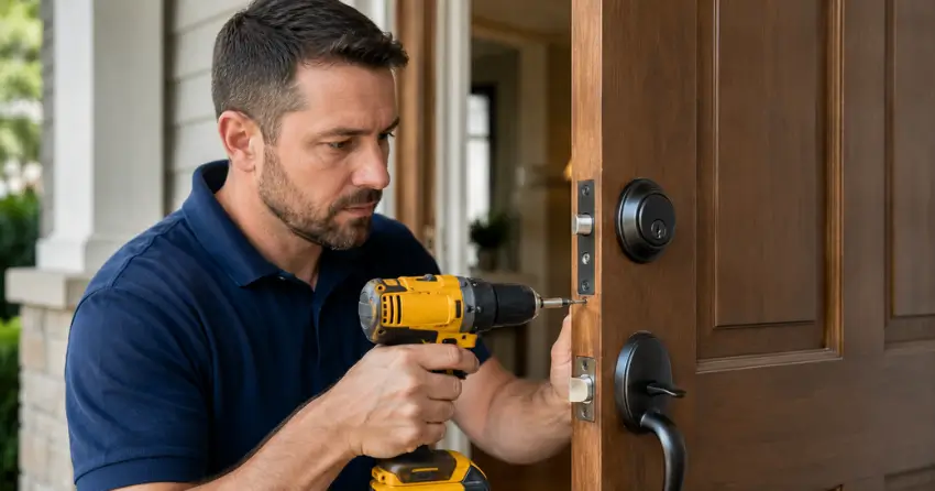 technician installing a new deadbolt during Change Door Lock Wesley Corners, Whitchurch-Stouffville service