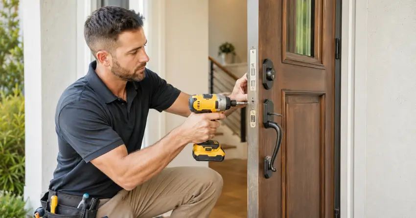 locksmith installing new deadbolt lock on front door in Whitchurch-Stouffville