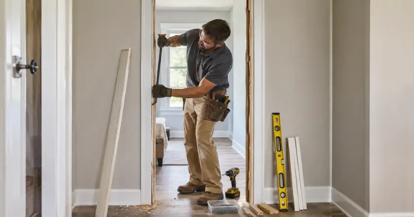 technician removing an old interior door frame during installation Whitchurch-Stouffville