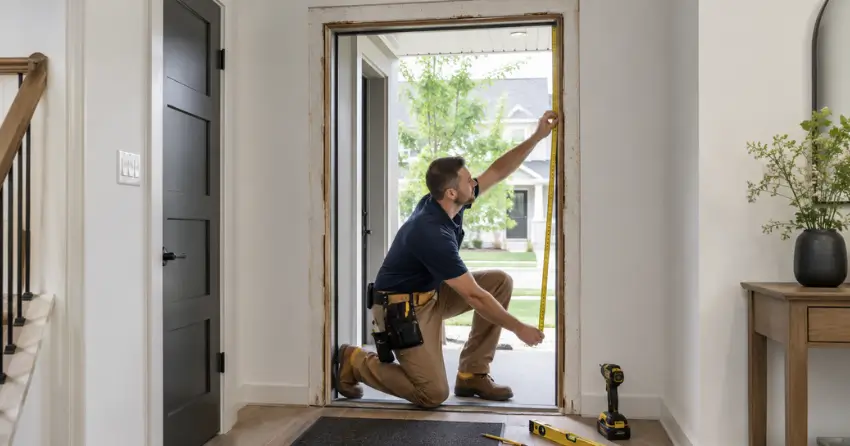 technician measuring a door frame before new door installation in Bloomington, Whitchurch-Stouffville