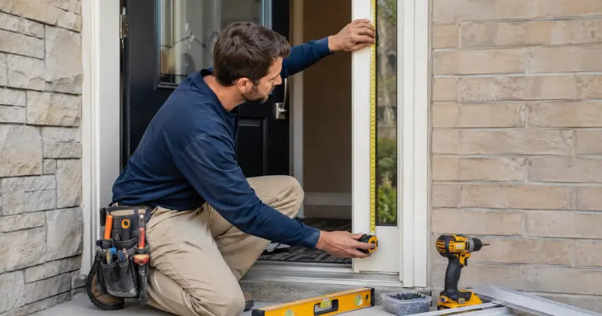technician measuring door frame before storm door install in Bloomington, Whitchurch-Stouffville