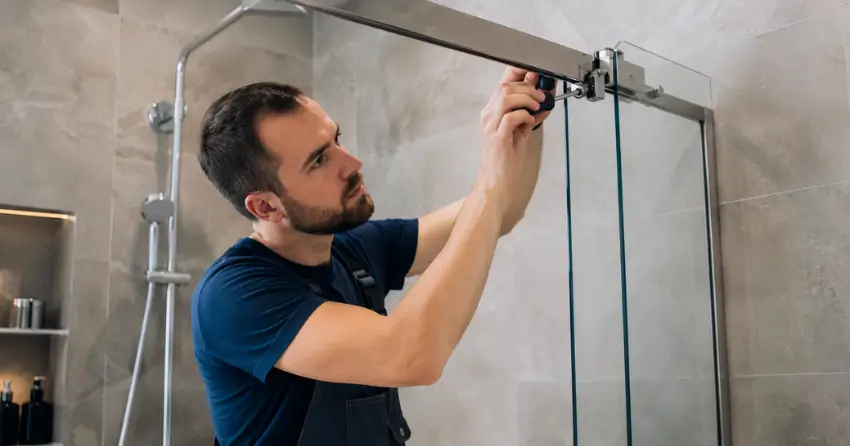 technician adjusting shower door hinge and track in Wesley Corners, Whitchurch-Stouffville