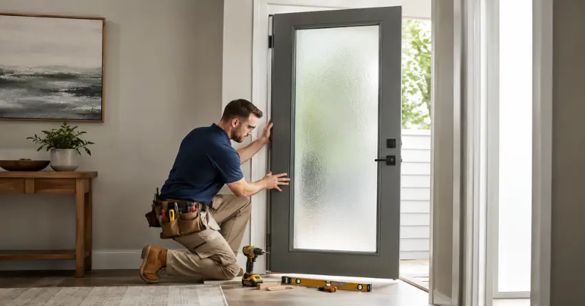 glass panel door installation with frosted privacy glass in residential setting in Bloomington, Whitchurch-Stouffville