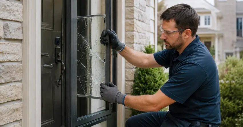 technician removing cracked storm door glass panel in Wesley Corners, Whitchurch-Stouffville