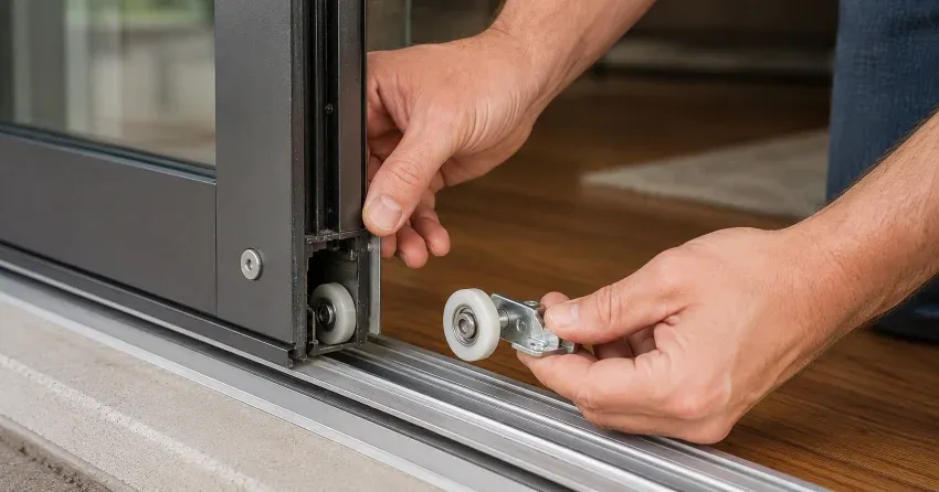 sliding door alignment Whitchurch-Stouffville technician adjusting roller track
