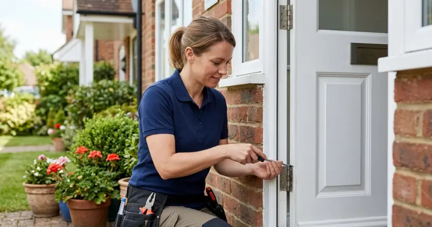 technician repairing exterior door hinge and frame in Wesley Corners, Whitchurch-Stouffville