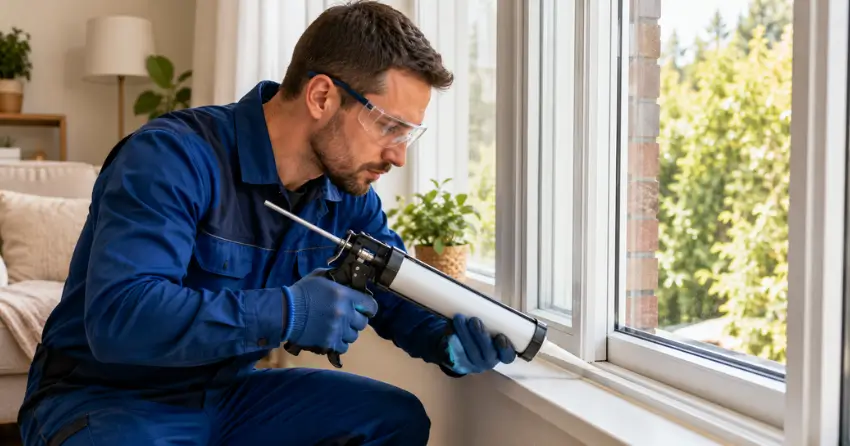 technician repairing window seal and frame in Wesley Corners, Whitchurch-Stouffville