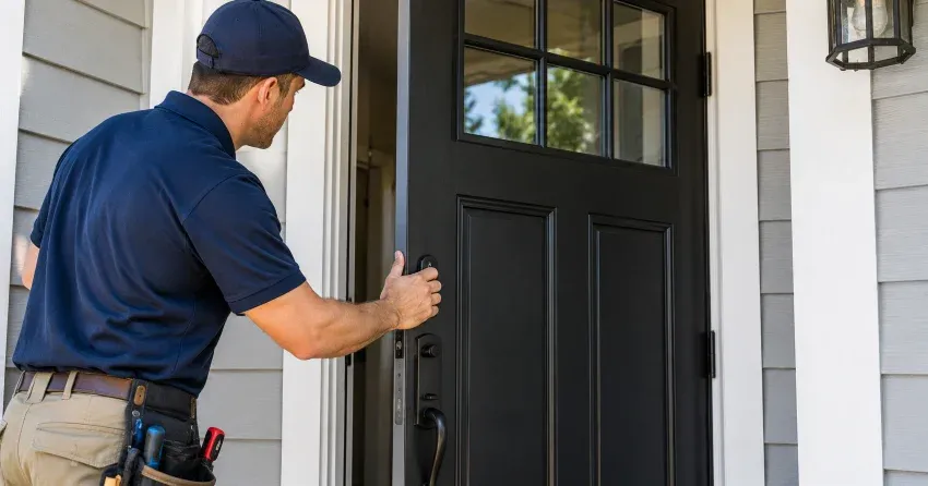 technician adjusting door hinge and strike plate in Wesley Corners, Whitchurch-Stouffville home