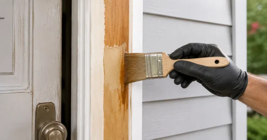 technician probing rotted wood on a door frame in Bloomington, Whitchurch-Stouffville
