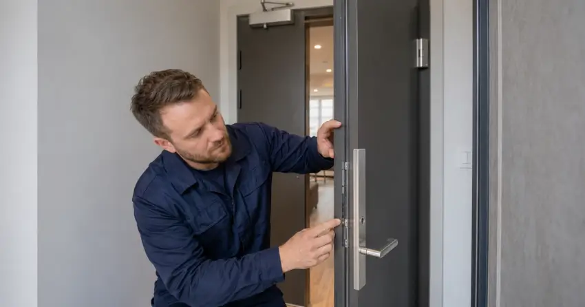 technician inspecting fire-rated door seal and hardware in Bloomington, Whitchurch-Stouffville