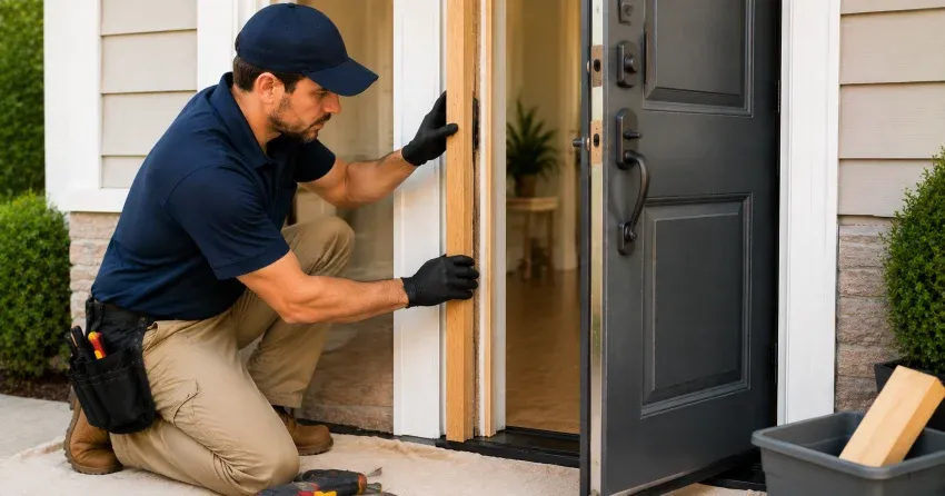 technician inspecting damaged door frame corner in Wesley Corners, Whitchurch-Stouffville